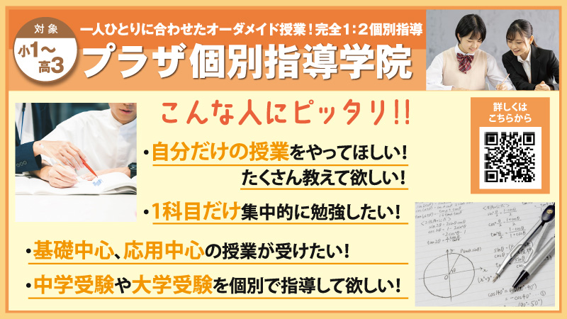 夏期講習2025 - 小1～高3生対象【プラザ個別指導学院】自分だけの授業でたくさん教えてほしい、1科目だけ集中的に勉強したい、基礎・応用中心の授業が受けたい、中学・大学受験を個別で指導してほしい方にぴったり！
