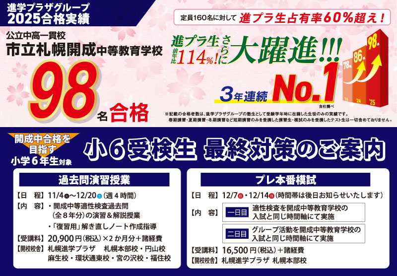 市立札幌開成中等教育学校を目指す小6受検生最終対策「過去問演習授業」「プレ本番模試」札幌進学プラザ各教室にて実施！